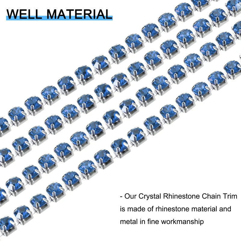5.5 Yards Crystal Rhinestone Chain, 4mm Close Claw Chain Trim Light Blue