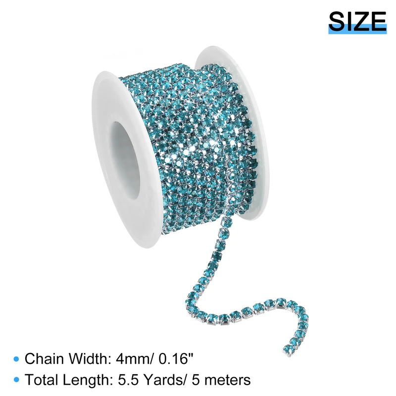5.5 Yards Crystal Rhinestone Chain, 4mm Close Claw Chain Trim Lake Blue