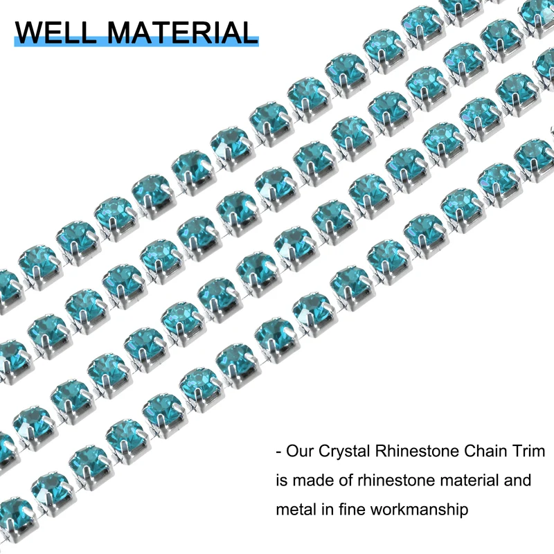 5.5 Yards Crystal Rhinestone Chain, 4mm Close Claw Chain Trim Lake Blue