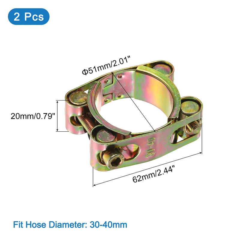 2Pcs T-Bolt Hose Clamps, 30-40mm/1.18"-1.57" ID Range, Carbon Steel