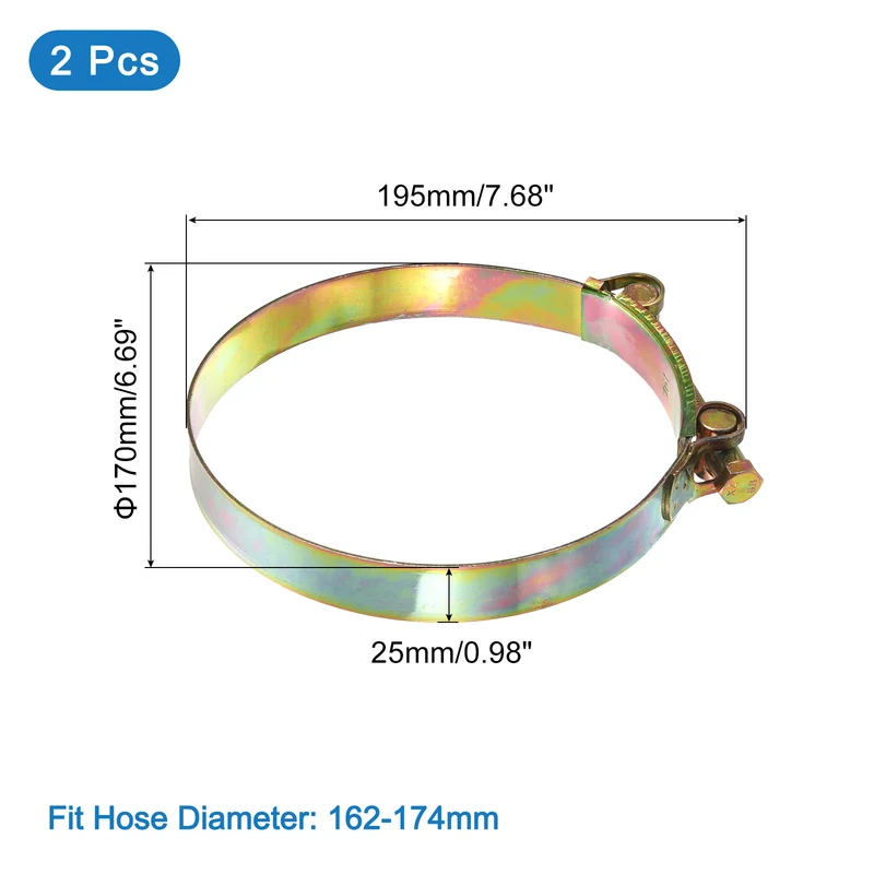 2Pcs T-Bolt Hose Clamps, 162-174mm/6.38"-6.85" ID Range, Iron