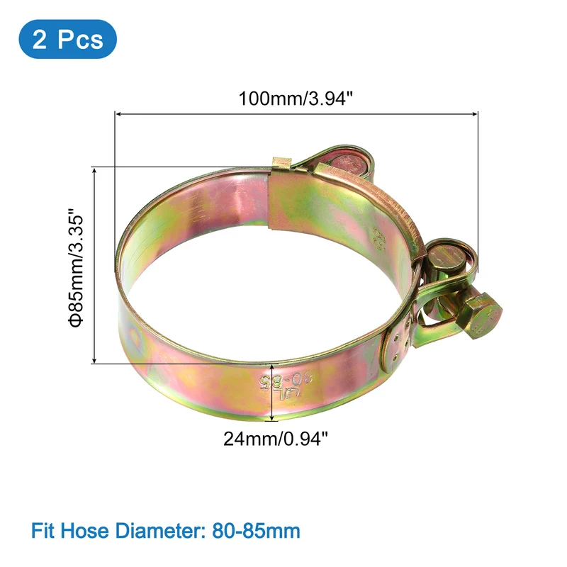 2Pcs T-Bolt Hose Clamps, 80-85mm/3.15"-3.35" ID Range, Iron