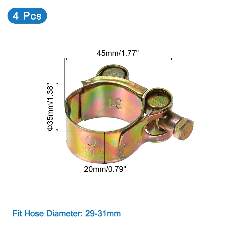 4Pcs T-Bolt Hose Clamps, 29-31mm/1.14"-1.22" ID Range, Iron