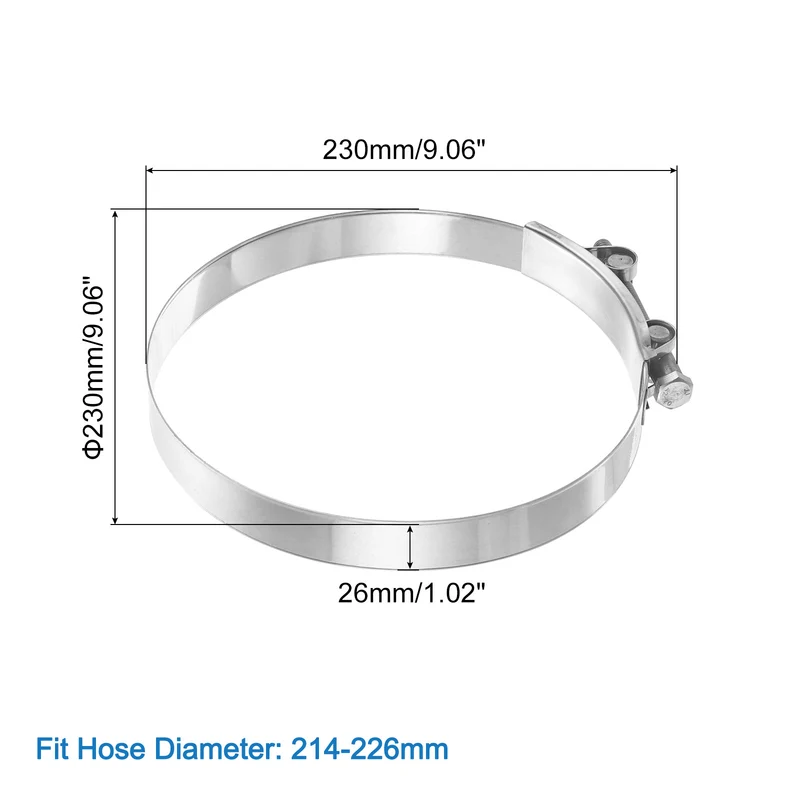 1Pcs T-Bolt Hose Clamps, 214-226mm/8.43"-8.9" ID Range for Truck Exhaust