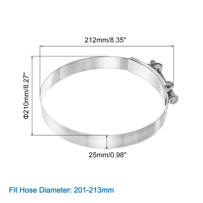 1Pcs T-Bolt Hose Clamps, 201-213mm/7.91"-8.39" ID Range for Truck Exhaust