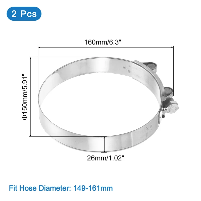 2Pcs T-Bolt Hose Clamps, 149-161mm/5.87"-6.34" ID Range for Truck Exhaust