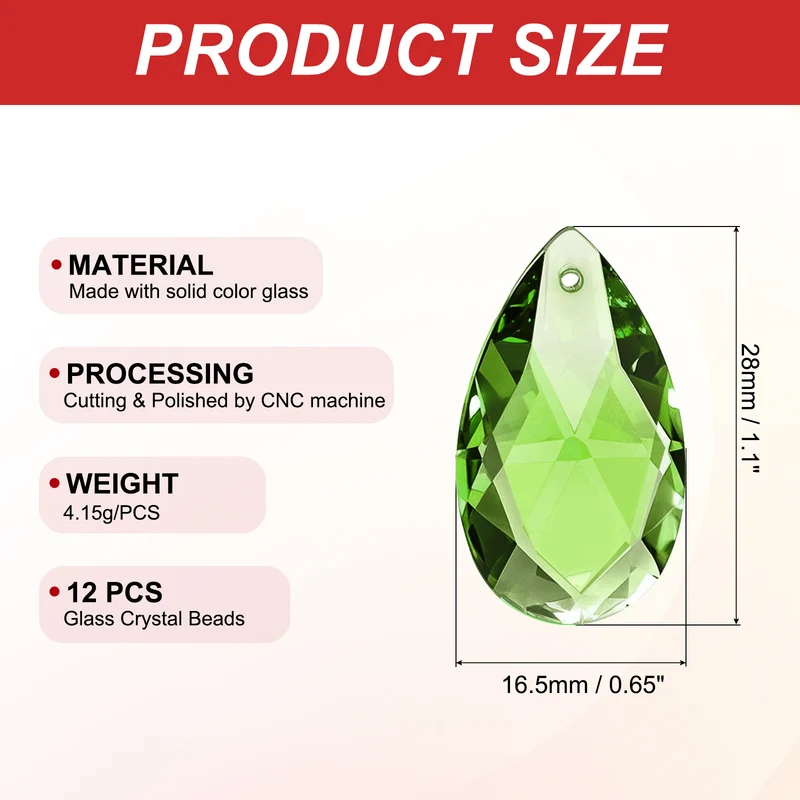 K9 Crystal Pendants Teardrop Beads, 12 Pack 28mm Chandelier, Green