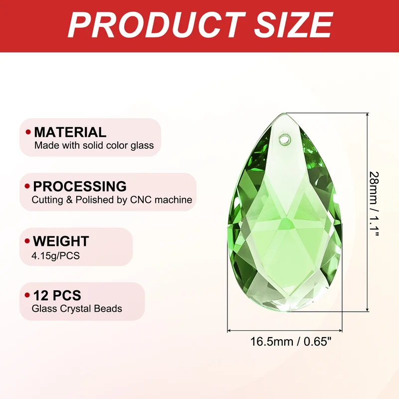 K9 Crystal Pendants Teardrop Beads, 12 Pack 28mm Chandelier, Light Green