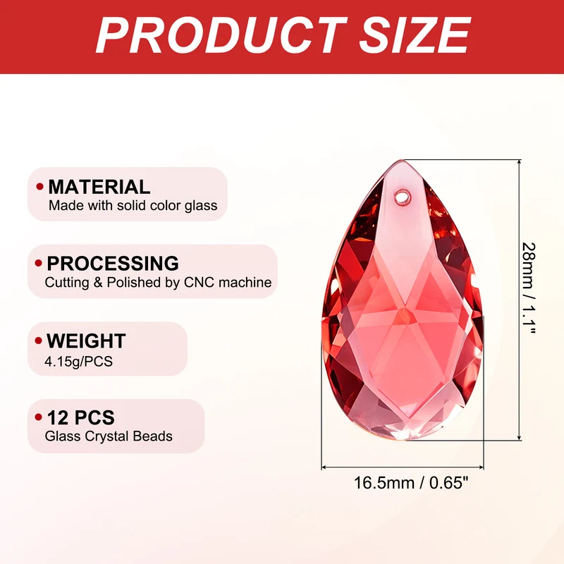 K9 Crystal Pendants Teardrop Beads, 12 Pack 28mm Chandelier, Red