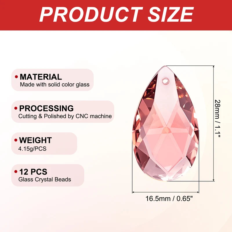 K9 Crystal Pendants Teardrop Beads, 12 Pack 28mm Chandelier, Pink