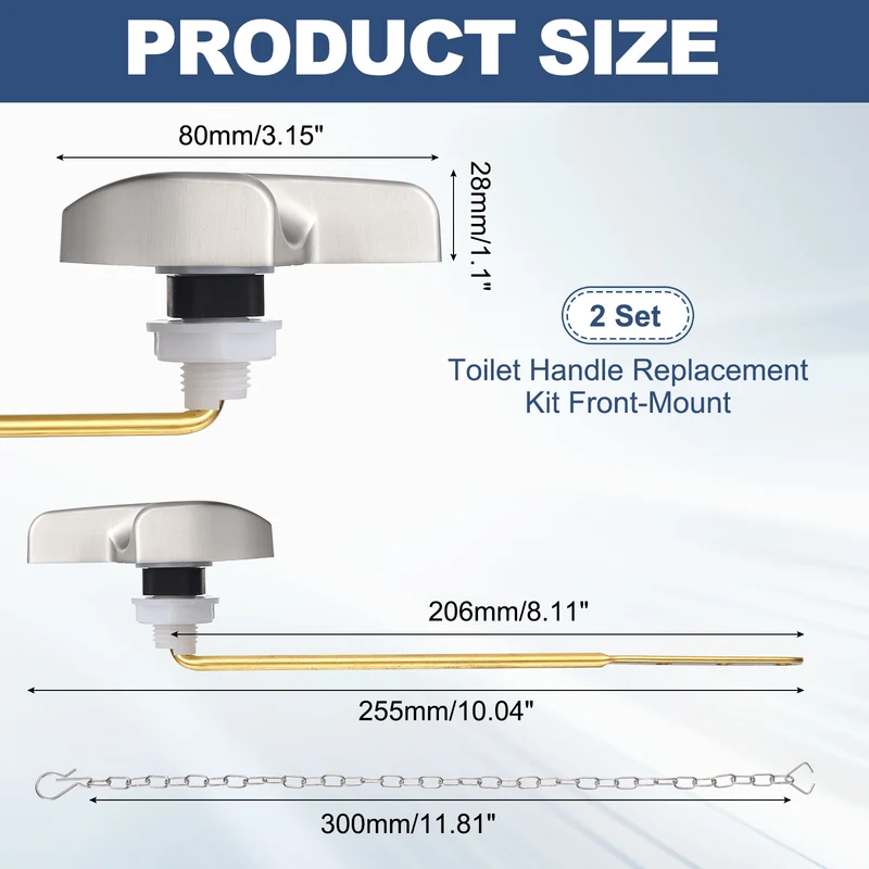 2Pcs Toilet Handle Replacement Kit Front Mount, 206mm Lever, Brushed Nickel