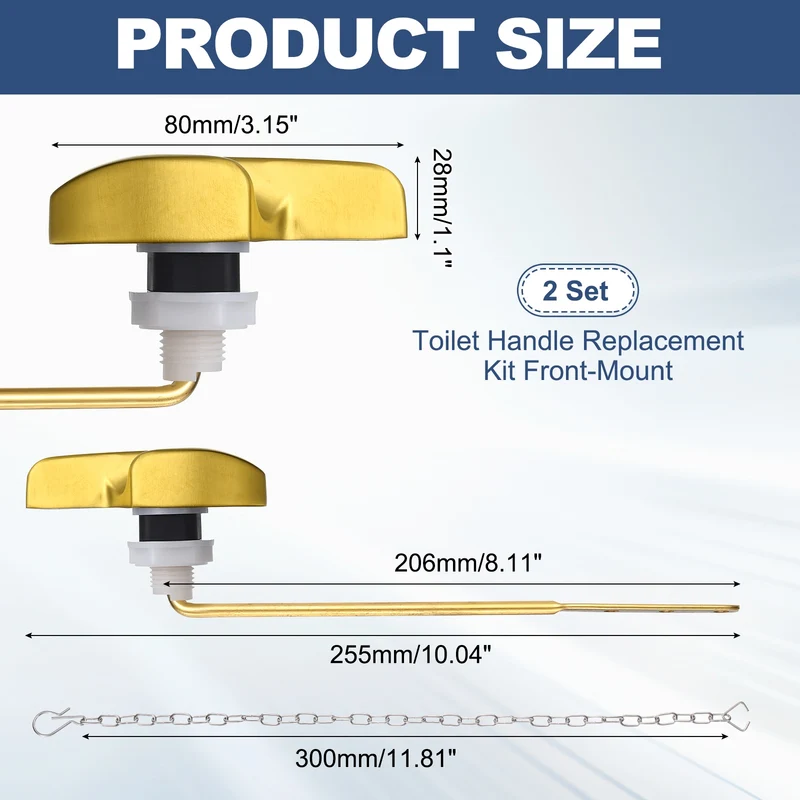 2Pcs Toilet Handle Replacement Kit Front Mount, 206mm Lever, Brushed Gold