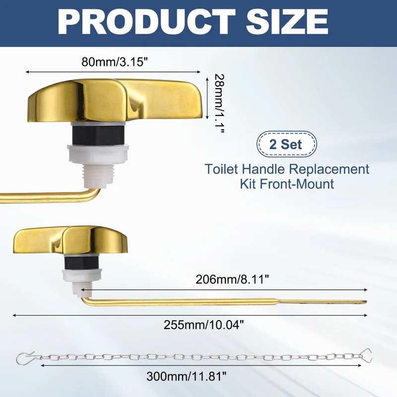 2Pcs Toilet Handle Replacement Kit Front Mount, 206mm Lever, Gold