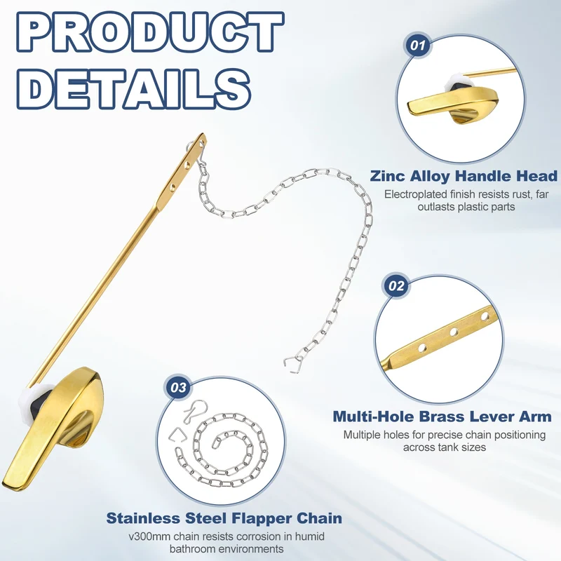 2Pcs Toilet Handle Replacement Kit Front Mount, 206mm Lever, Gold