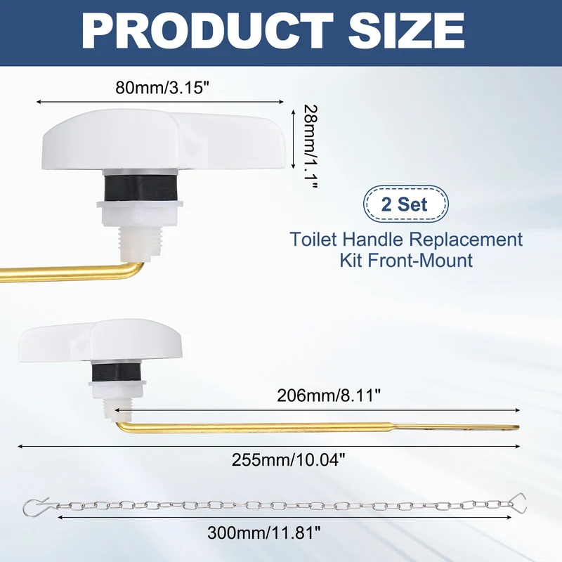2Pcs Toilet Handle Replacement Kit Front Mount, 206mm Lever, White