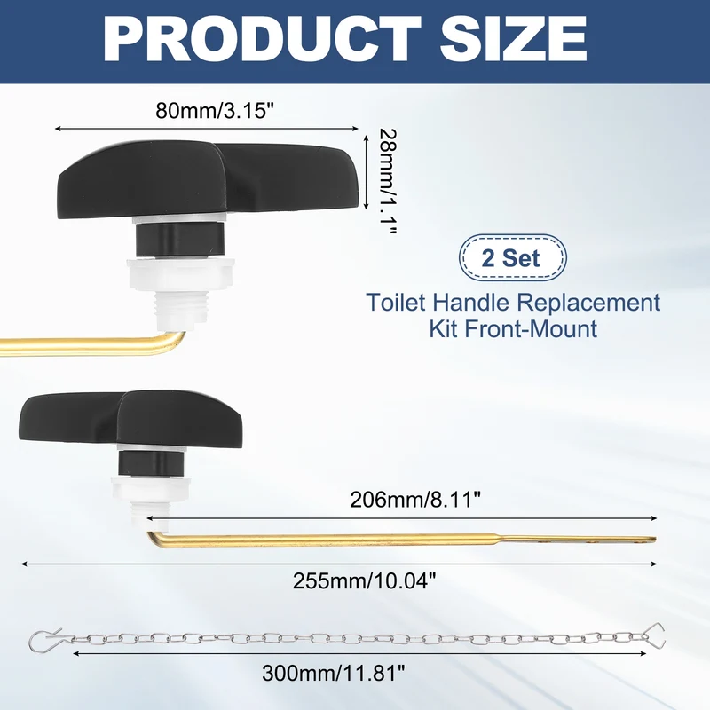 2Pcs Toilet Handle Replacement Kit Front Mount, 206mm Lever, Matte Black