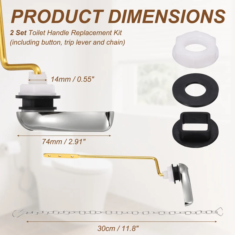 2Pcs Side Mount ABS Toilet Flush Handle with Flapper Chain, Silver