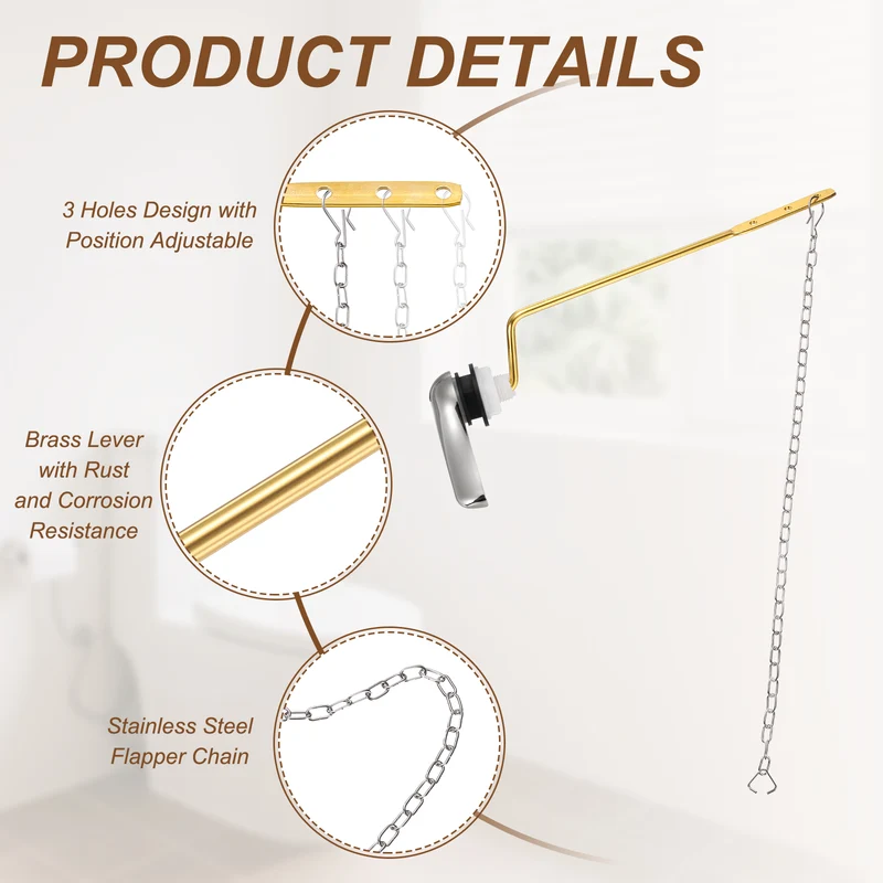 2Pcs Side Mount ABS Toilet Flush Handle with Flapper Chain, Silver
