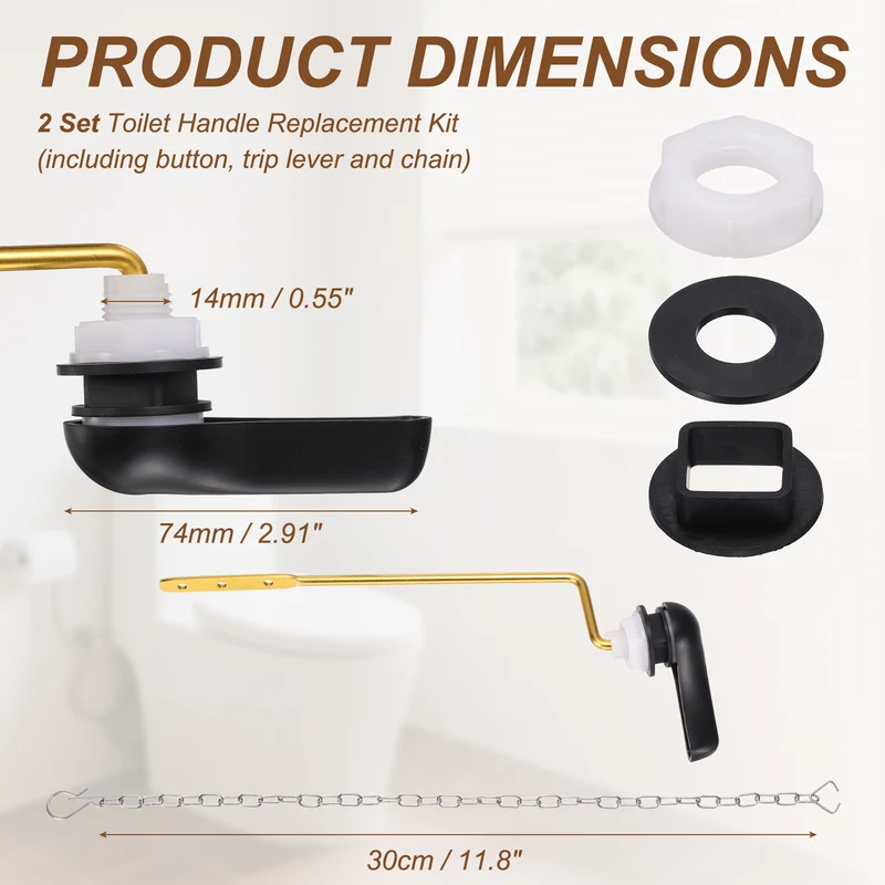2Pcs Side Mount ABS Toilet Flush Handle with Flapper Chain, Black