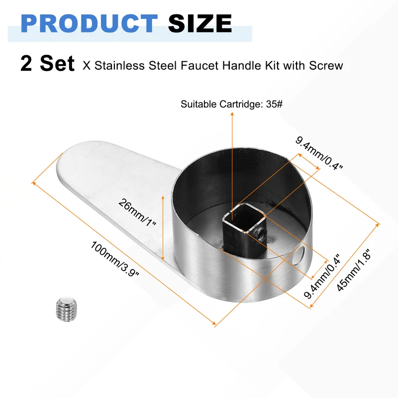 2 Pcs 100x45x26mm Stainless Steel Faucet Handle with Screw for 35mm Cartridge