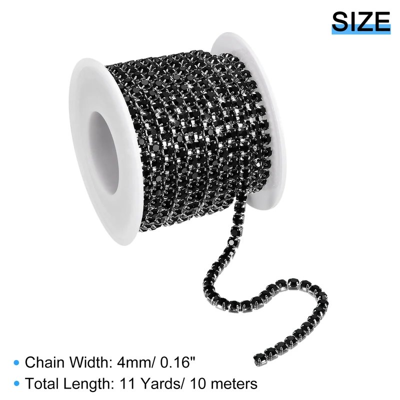 11 Yards Crystal Rhinestone Chain, 4mm Close Claw Chain Trim Black
