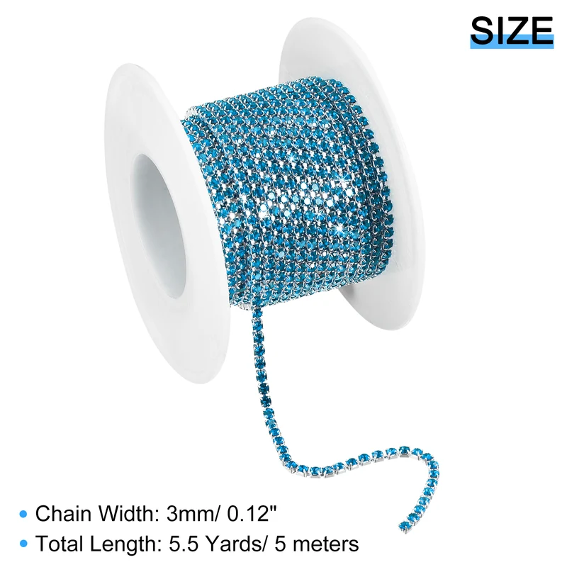 5.5 Yards Crystal Rhinestone Chain, 3mm Close Claw Chain Trim Bright Blue