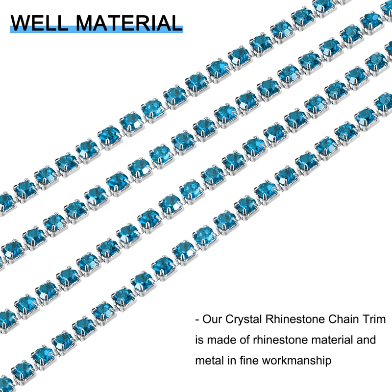 5.5 Yards Crystal Rhinestone Chain, 3mm Close Claw Chain Trim Bright Blue