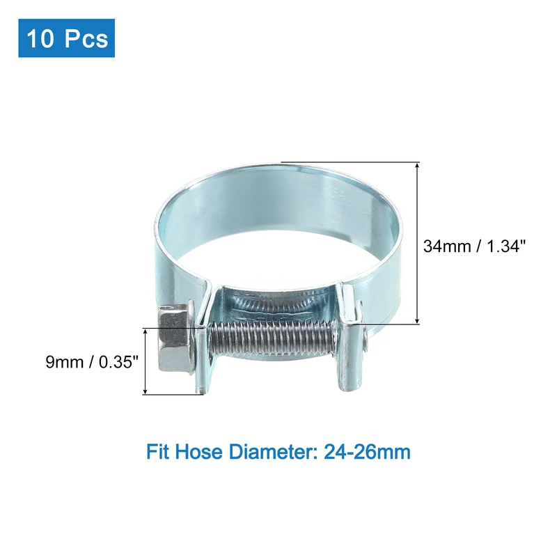 10Pcs Mini Fuel Line Pipe Hose Clamp Clip, Adjustable 24-26mm, Zinc Plated
