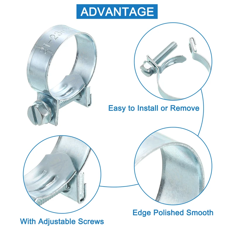 10Pcs Mini Fuel Line Pipe Hose Clamp Clip, Adjustable 21-23mm, Zinc Plated