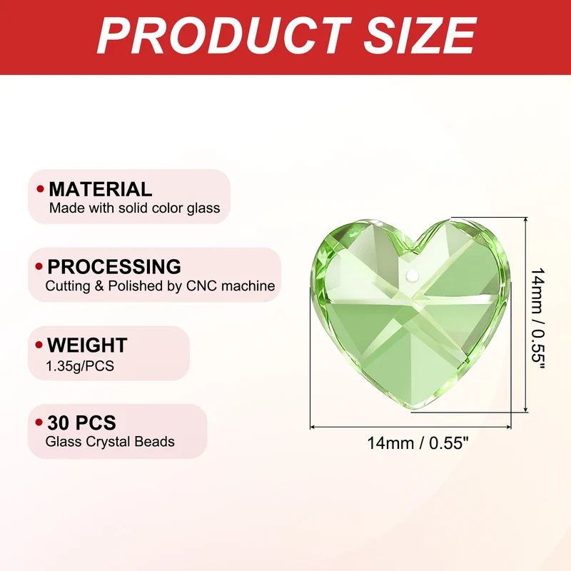 K9 Crystal Heart Beads 1 Holes Pendants, 30 Pack 14mm, Light Green