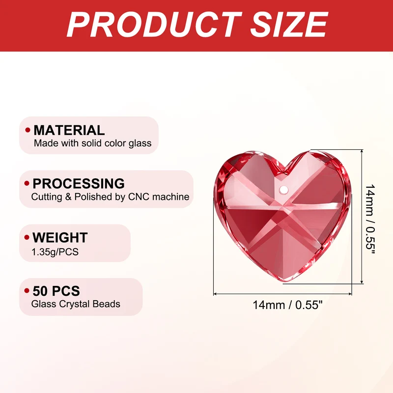 K9 Crystal Heart Beads 1 Holes Pendants, 50 Pack 14mm, Red