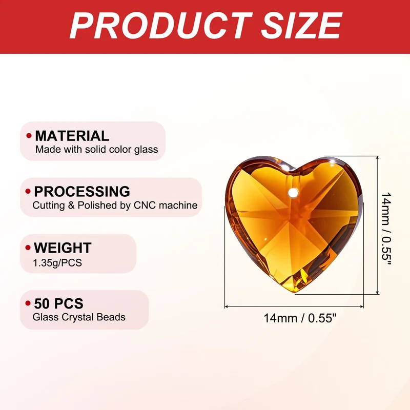 K9 Crystal Heart Beads 1 Holes Pendants, 50 Pack 14mm, Amber