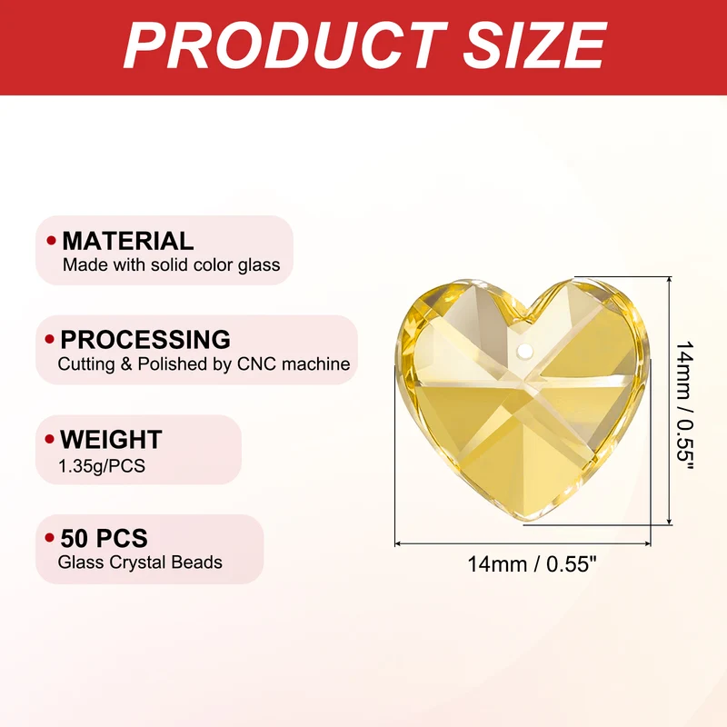 K9 Crystal Heart Beads 1 Holes Pendants, 50 Pack 14mm, Golden