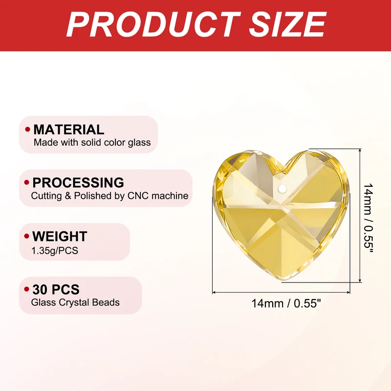 K9 Crystal Heart Beads 1 Holes Pendants, 30 Pack 14mm, Golden