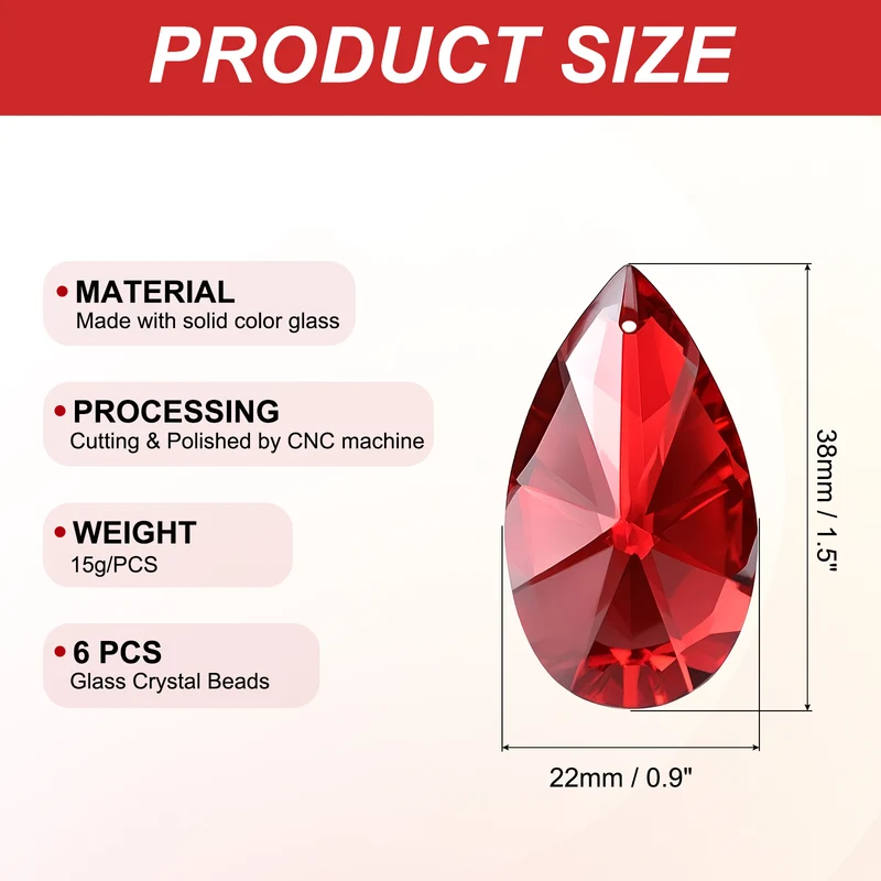 K9 Crystal Pendants Beads, 6 Pack 38mm Chandelier Prisms Decor Red