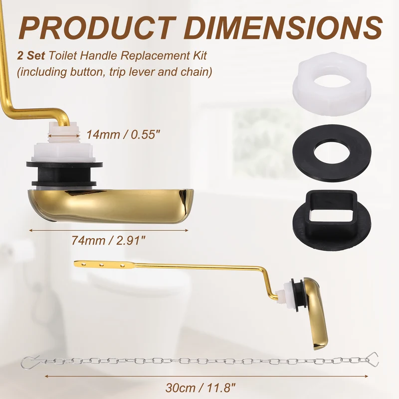 2Pcs Side Mount ABS Toilet Flush Handle with Flapper Chain, Gold