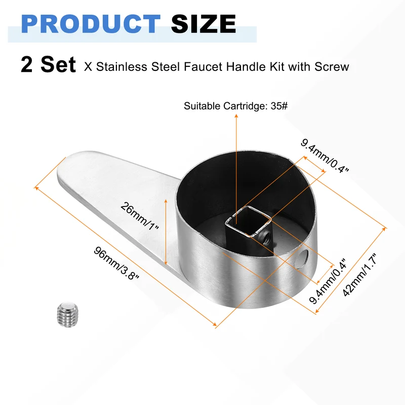 2 Pcs 96x42x27mm Stainless Steel Faucet Handle with Screw for 35mm Cartridge