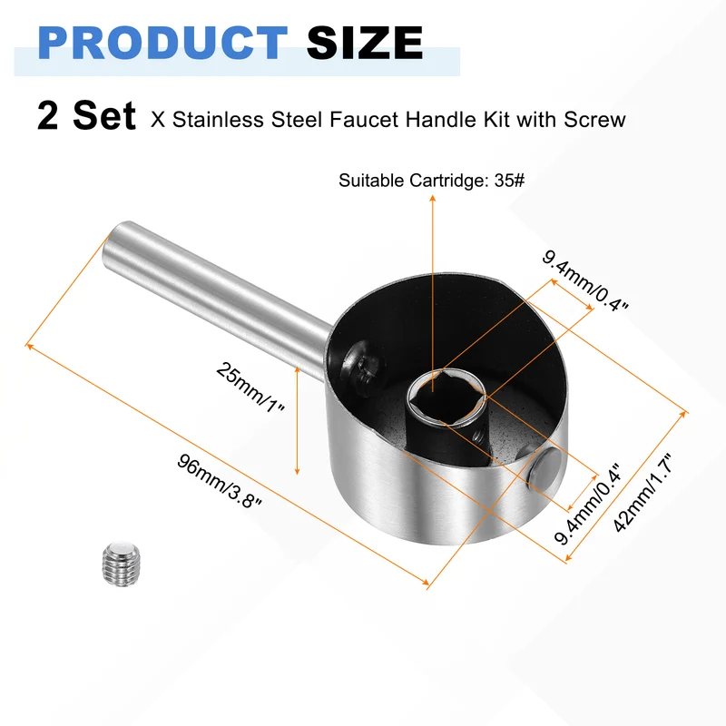 2 Pcs 97x42x25mm Stainless Steel Faucet Handle with Screw for 35mm Cartridge