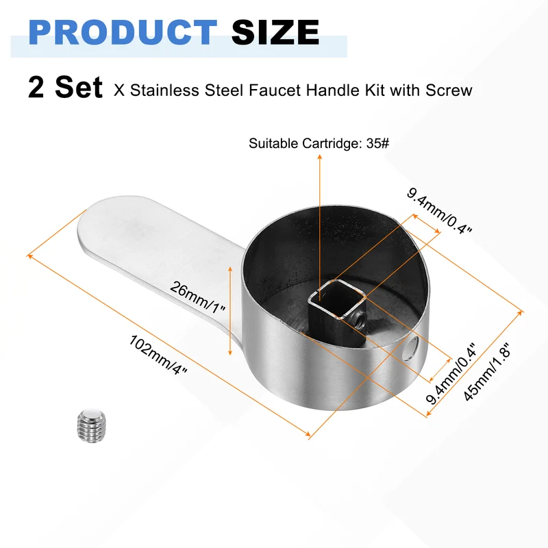 2 Pcs 102x45x26mm Stainless Steel Faucet Handle with Screw for 35mm Cartridge