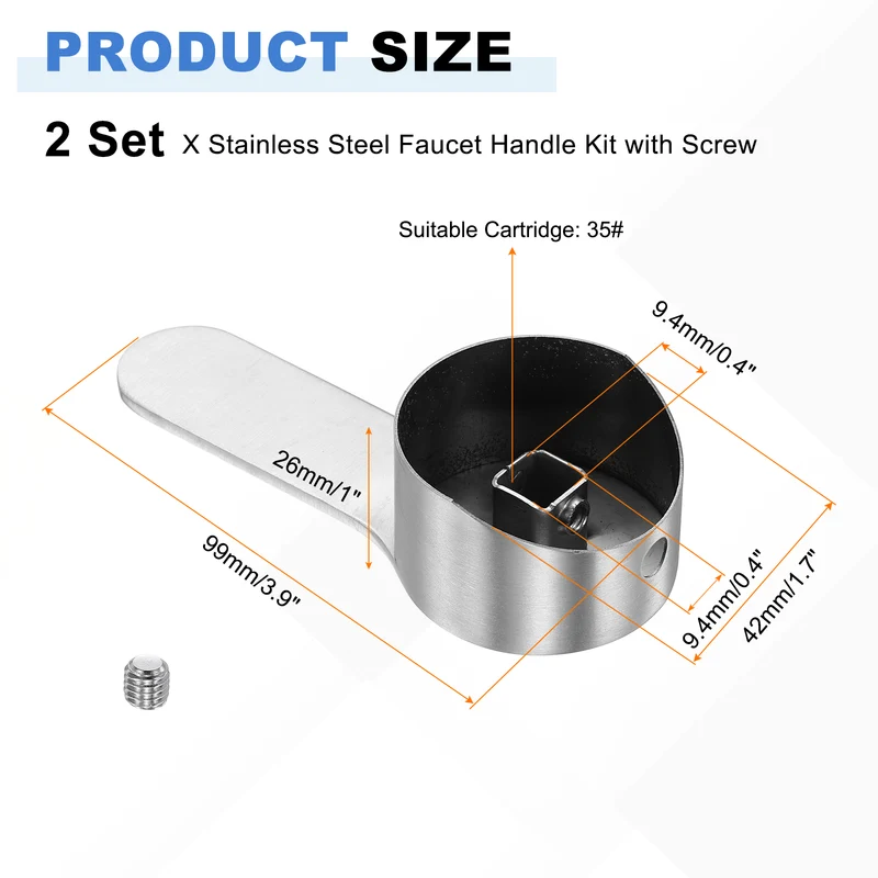 2 Pcs 99x42x26mm Stainless Steel Faucet Handle with Screw for 35mm Cartridge