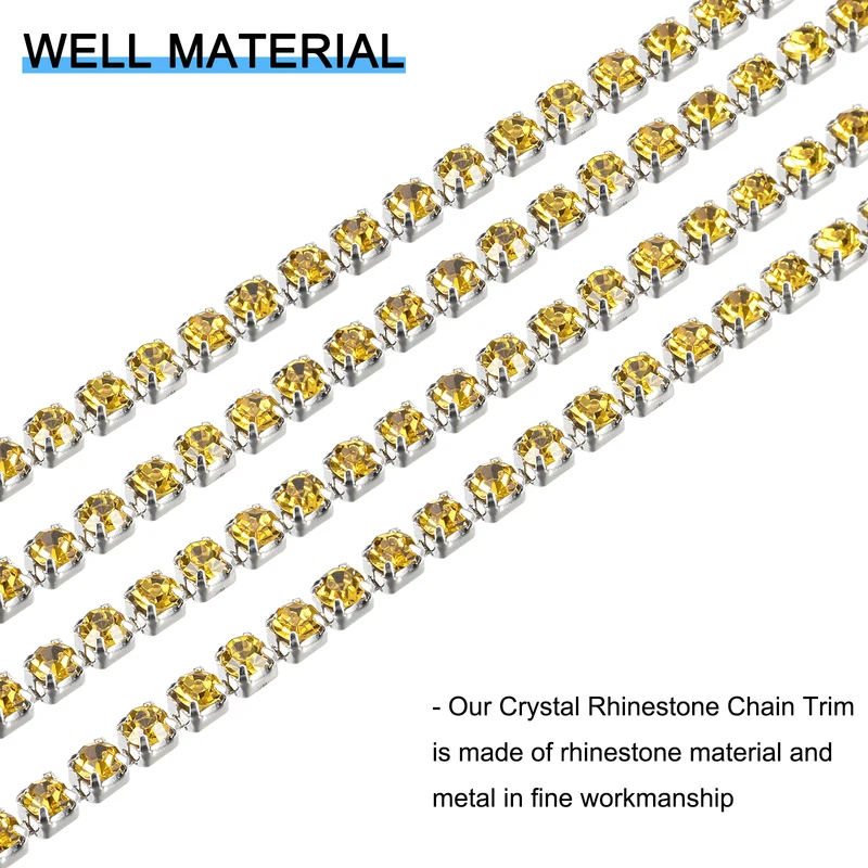 5.5 Yards Crystal Rhinestone Chain, 3mm Close Claw Chain Trim Lemon Yellow