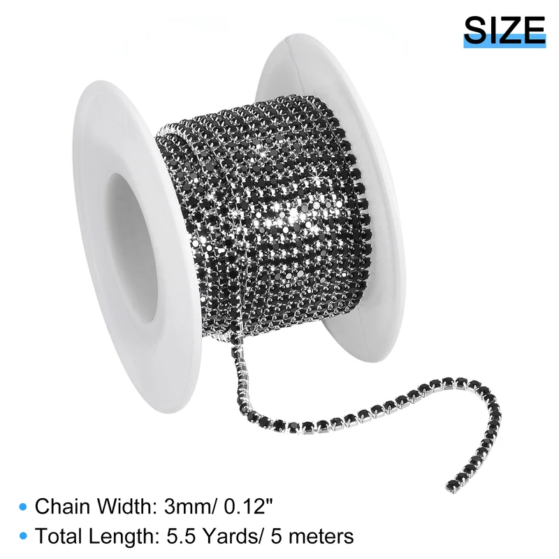 5.5 Yards Crystal Rhinestone Chain, 3mm Close Claw Chain Trim Black
