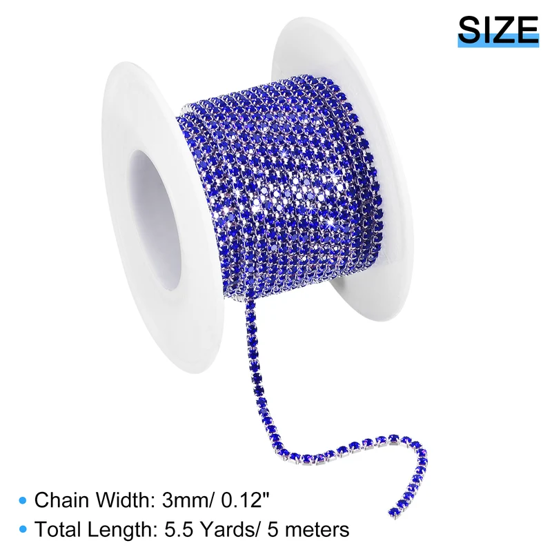 5.5 Yards Crystal Rhinestone Chain, 3mm Close Claw Chain Trim Sapphire