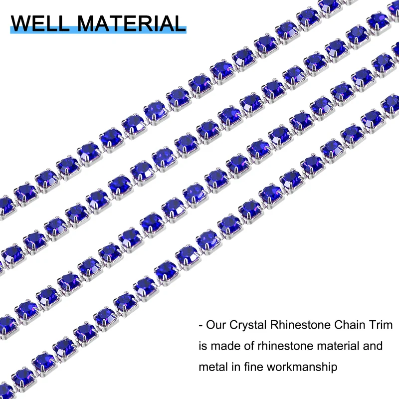 5.5 Yards Crystal Rhinestone Chain, 3mm Close Claw Chain Trim Sapphire