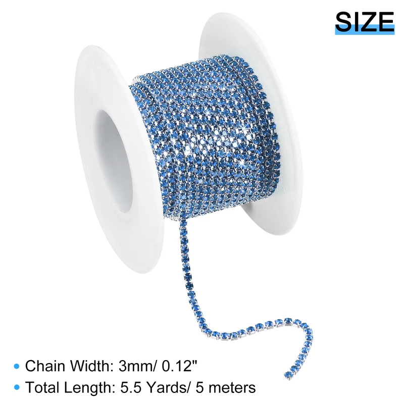 5.5 Yards Crystal Rhinestone Chain, 3mm Close Claw Chain Trim Light Blue