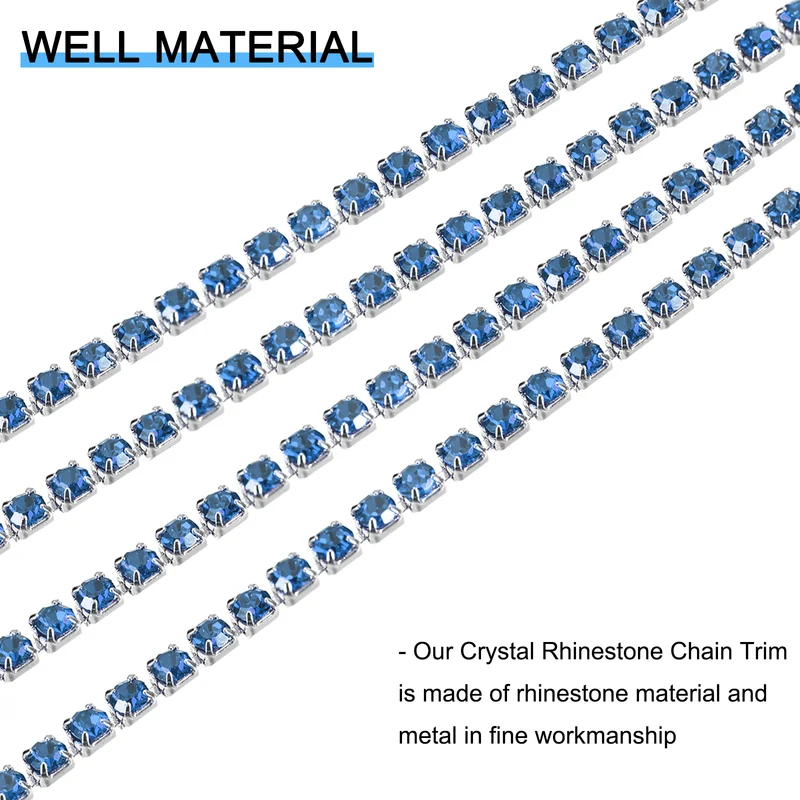 5.5 Yards Crystal Rhinestone Chain, 3mm Close Claw Chain Trim Light Blue
