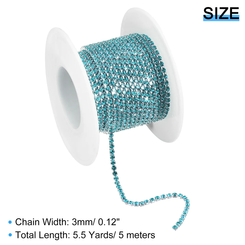 5.5 Yards Crystal Rhinestone Chain, 3mm Close Claw Chain Trim Lake Blue