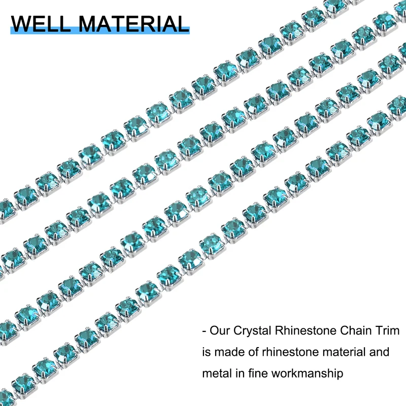 5.5 Yards Crystal Rhinestone Chain, 3mm Close Claw Chain Trim Lake Blue