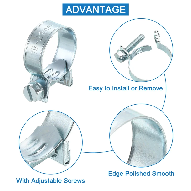 10Pcs Mini Fuel Line Pipe Hose Clamp Clip, Adjustable 19-21mm, Zinc Plated