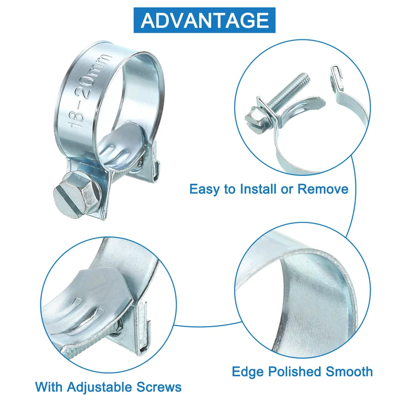 10Pcs Mini Fuel Line Pipe Hose Clamp Clip, Adjustable 18-20mm, Zinc Plated